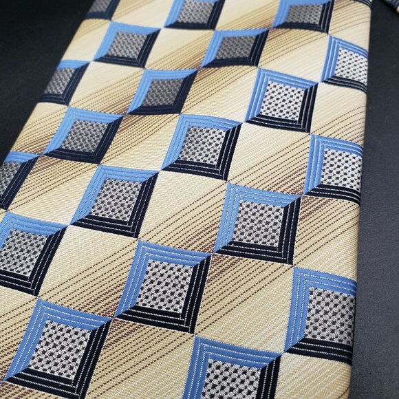 Alexander Julian Colours Geometric Polyester Tie Blue Tan Check Pattern 58"x4" - Picture 2 of 7